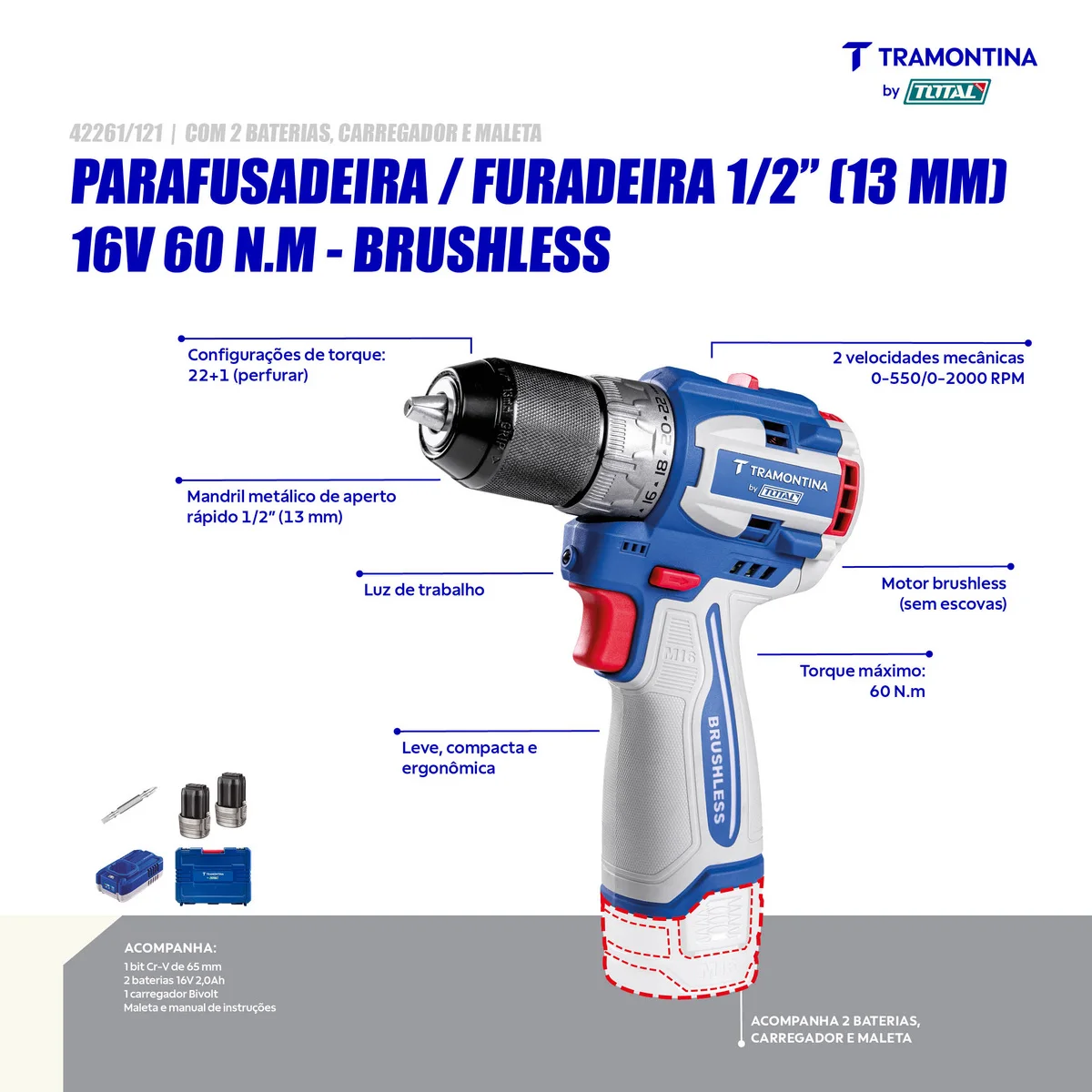 Parafusadeira/Furadeira 1/2" (13 mm) 16V 60 N.m Brushless Tramontina by Total - Com 2 Baterias 16V de 2,0Ah, Carregador e Maleta
