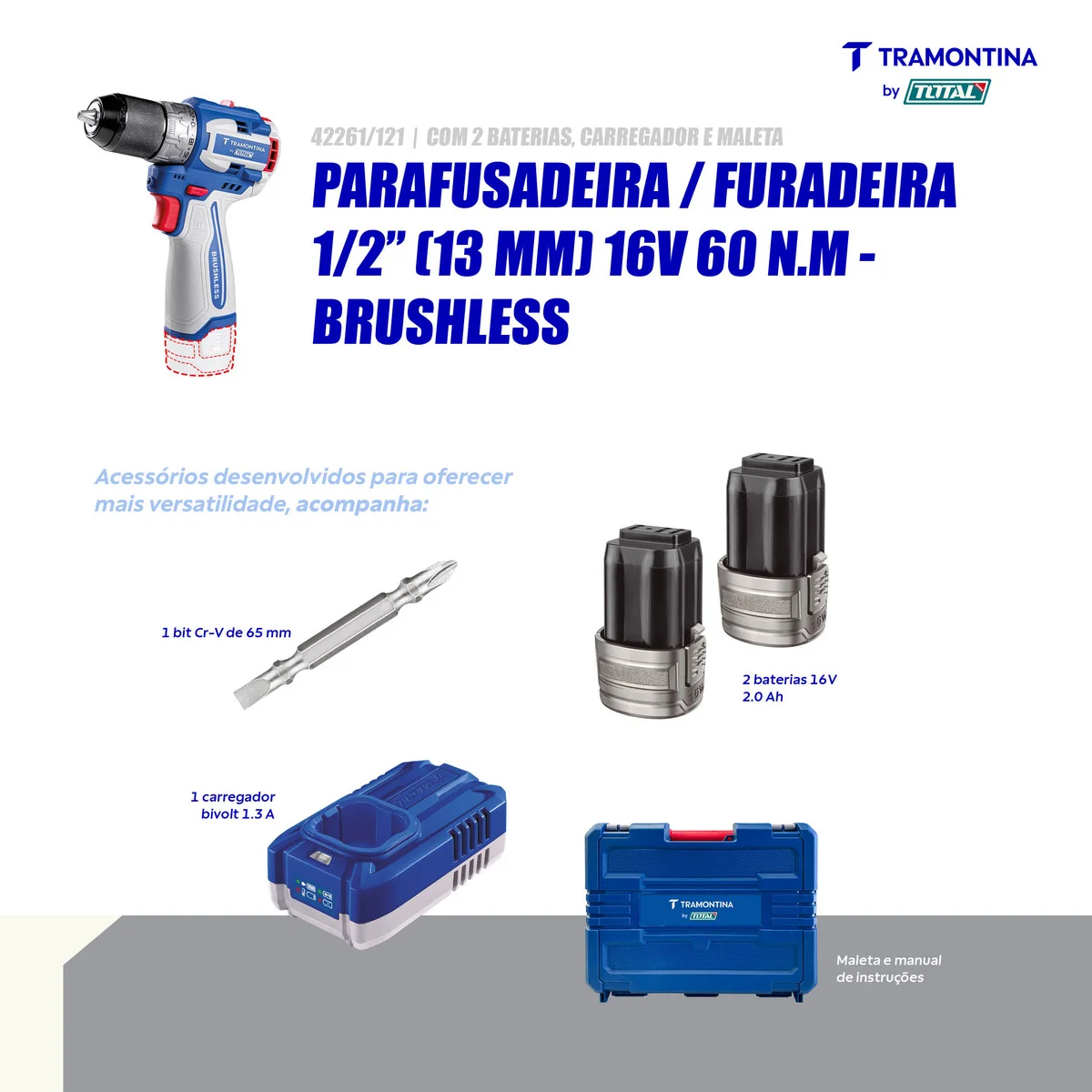 Parafusadeira/Furadeira 1/2" (13 mm) 16V 60 N.m Brushless Tramontina by Total - Com 2 Baterias 16V de 2,0Ah, Carregador e Maleta