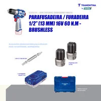 Parafusadeira/Furadeira 1/2" (13 mm) 16V 60 N.m Brushless Tramontina by Total - Com 2 Baterias 16V de 2,0Ah, Carregador e Maleta