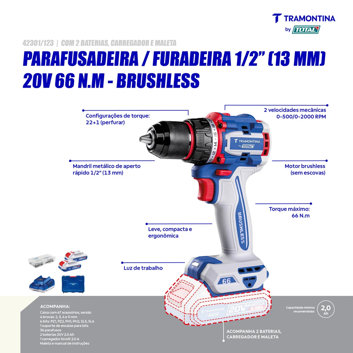 Parafusadeira/Furadeira 1/2" (13 mm) 20V 66 N.m Brushless Tramontina by Total - Com 2 Baterias 20V de 2,0Ah, Carregador e Maleta