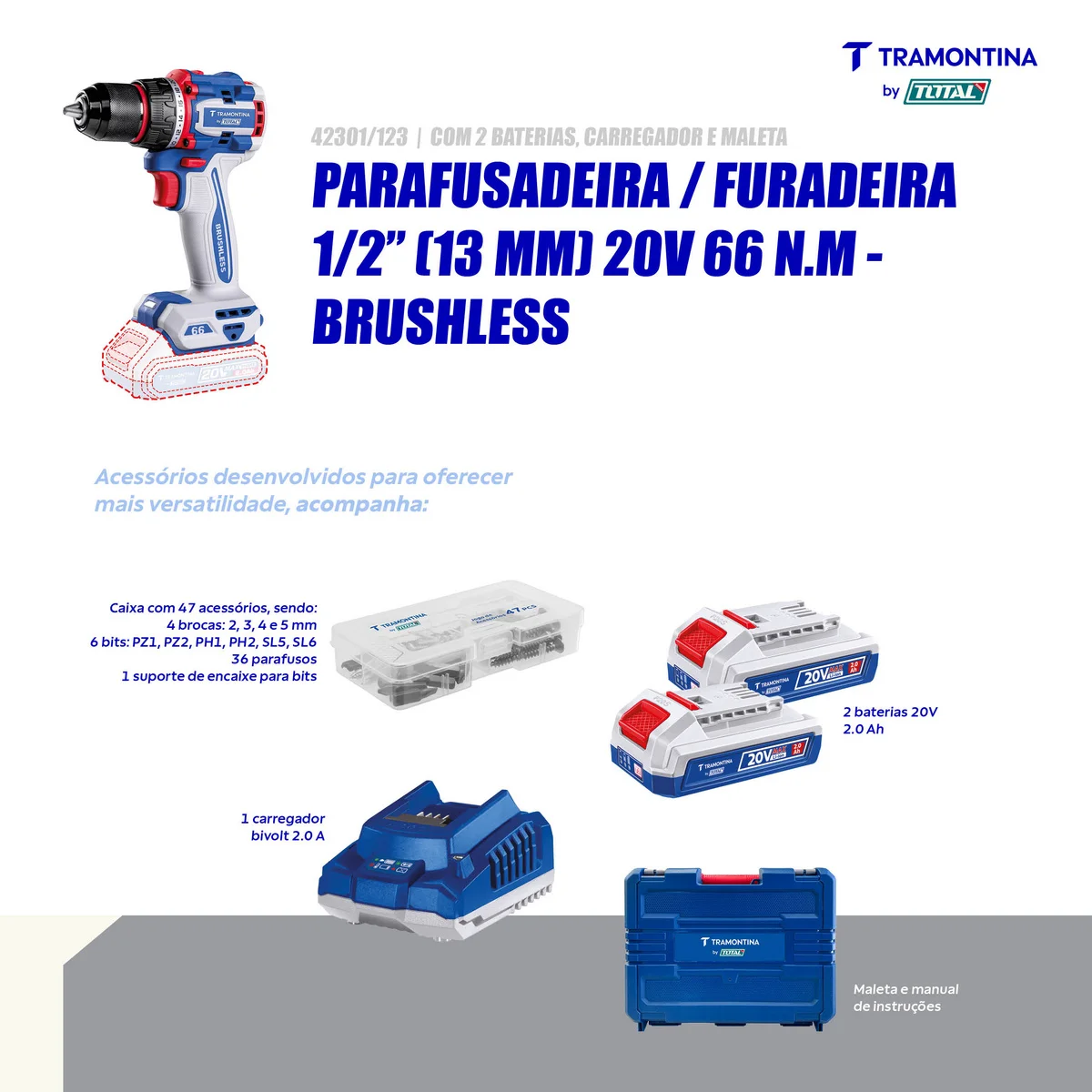 Parafusadeira/Furadeira 1/2" (13 mm) 20V 66 N.m Brushless Tramontina by Total - Com 2 Baterias 20V de 2,0Ah, Carregador e Maleta