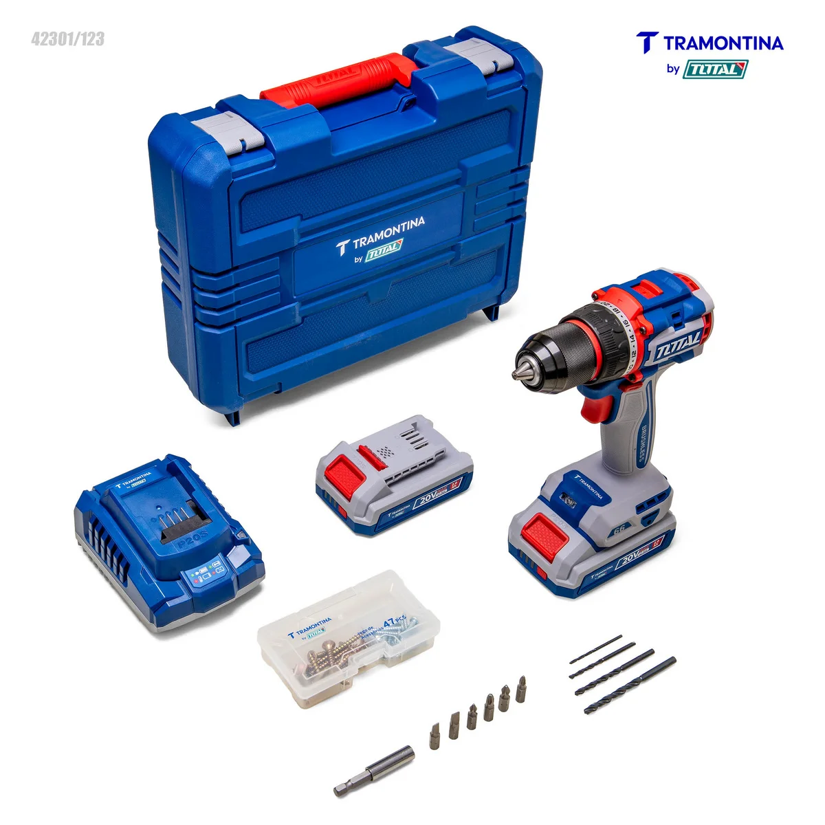 Parafusadeira/Furadeira 1/2" (13 mm) 20V 66 N.m Brushless Tramontina by Total - Com 2 Baterias 20V de 2,0Ah, Carregador e Maleta