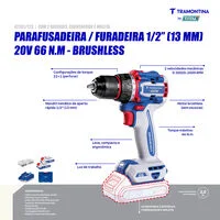 Parafusadeira/Furadeira 1/2" (13 mm) 20V 66 N.m Brushless Tramontina by Total - Com 2 Baterias 20V de 2,0Ah, Carregador e Maleta