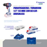 Parafusadeira/Furadeira 1/2" (13 mm) 20V 66 N.m Brushless Tramontina by Total - Com 2 Baterias 20V de 2,0Ah, Carregador e Maleta