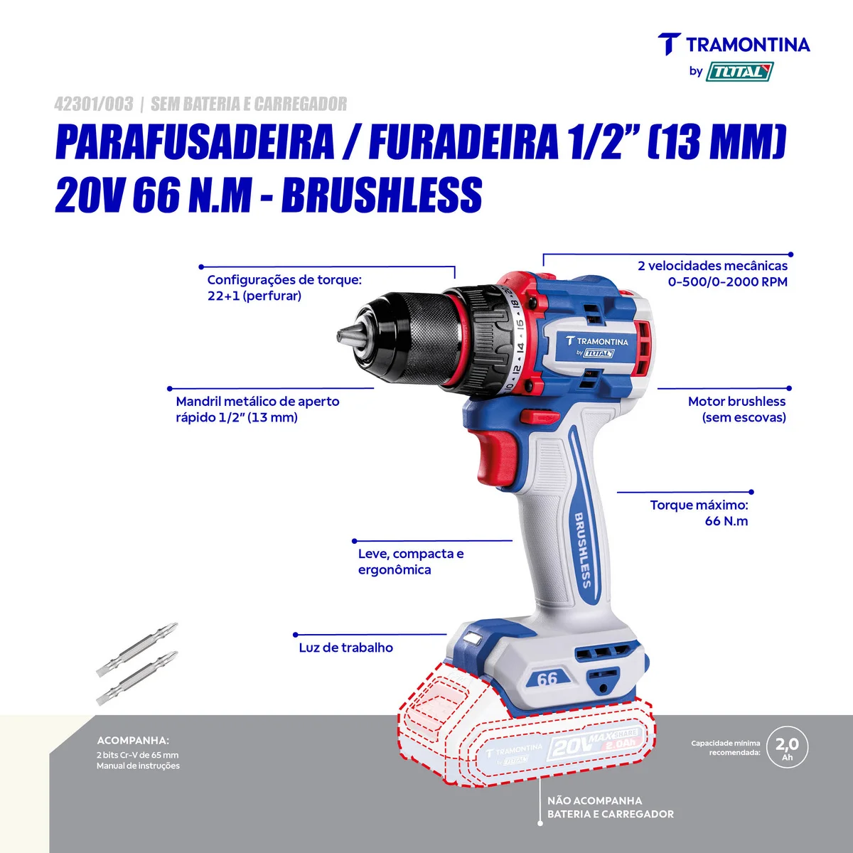Parafusadeira/Furadeira 1/2" (13 mm) 20V 66 N.m Brushless Tramontina by Total - Sem Bateria e Carregador