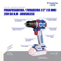 Parafusadeira/Furadeira 1/2" (13 mm) 20V 66 N.m Brushless Tramontina by Total - Sem Bateria e Carregador