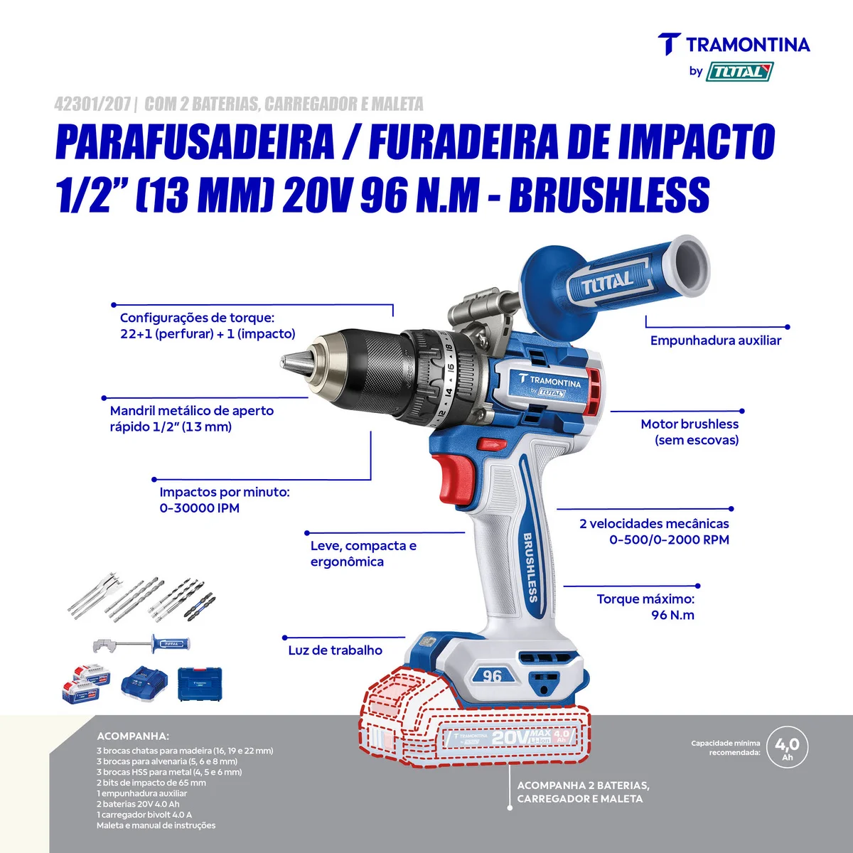 Parafusadeira/Furadeira de Impacto 1/2" (13 mm) 20V 96 N.m Brushless Tramontina by Total - Com 2 baterias 20V de 4,0Ah, Carregador e Maleta