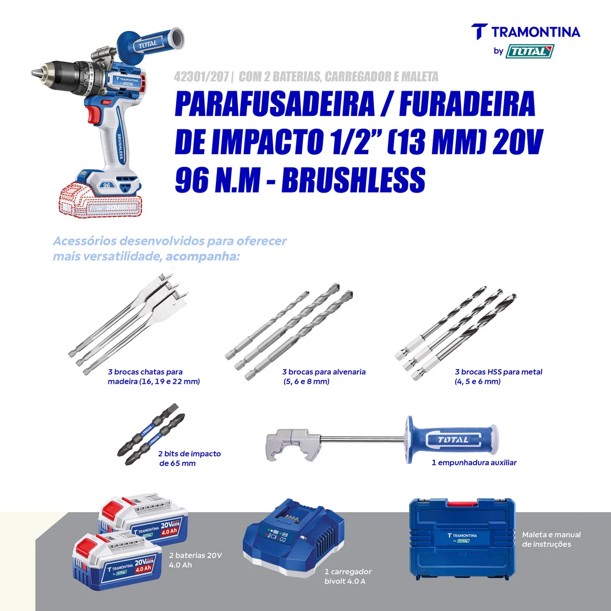Parafusadeira/Furadeira de Impacto 1/2" (13 mm) 20V 96 N.m Brushless Tramontina by Total - Com 2 baterias 20V de 4,0Ah, Carregador e Maleta