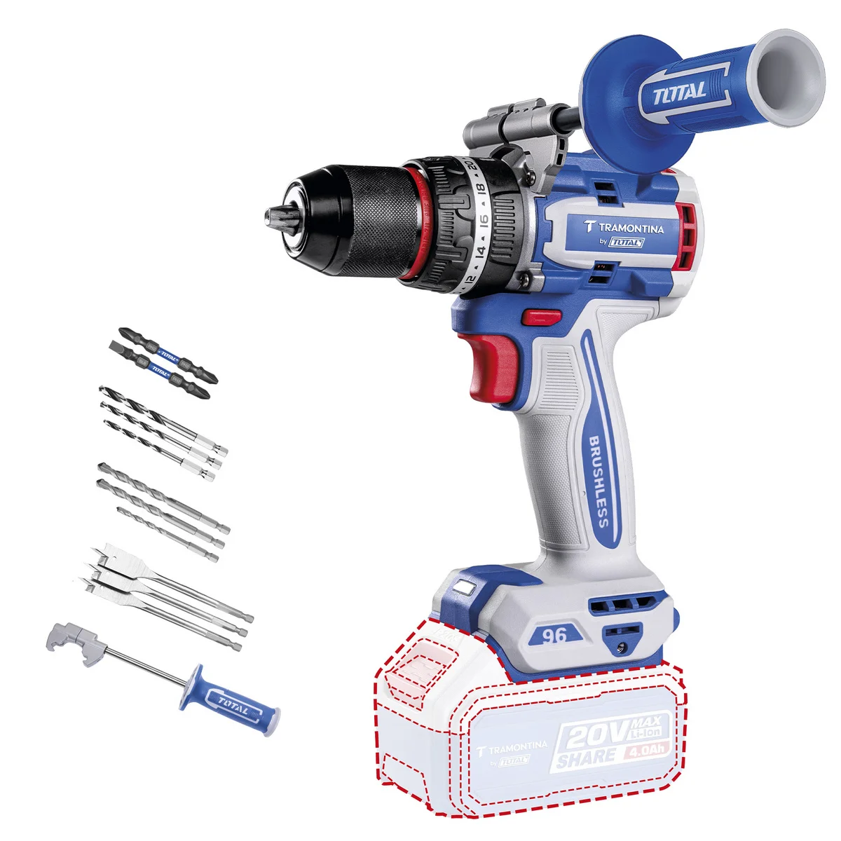 Parafusadeira/Furadeira de Impacto 1/2" (13 mm) 20V 96 N.m Brushless Tramontina by Total - Sem Bateria e Carregador