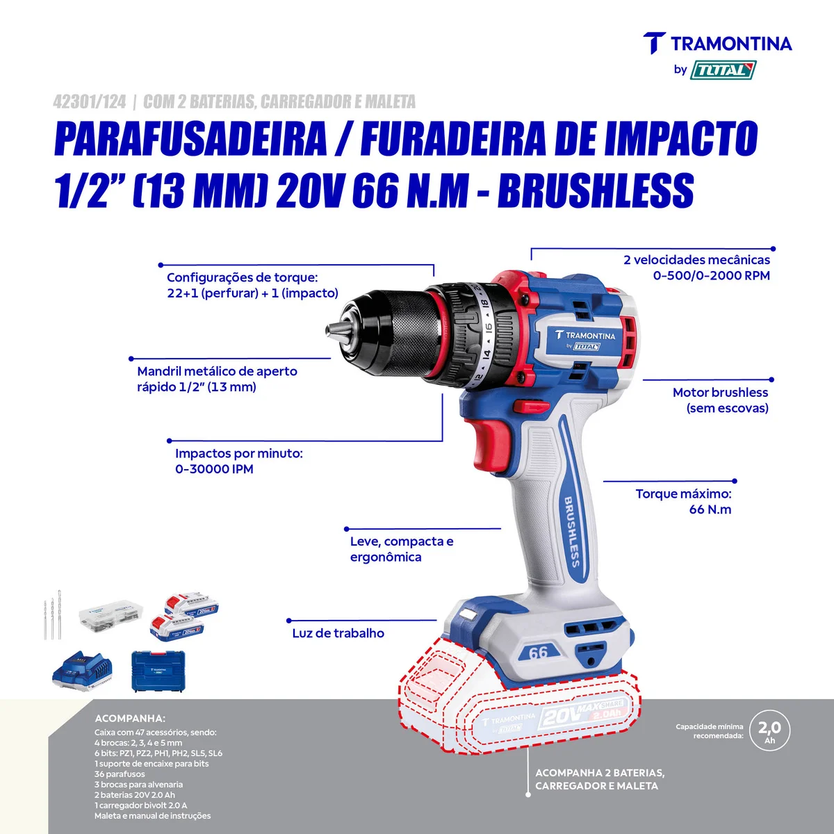Parafusadeira/Furadeira de Impacto 1/2" (13mm) 20V 66 N.m Brushless Tramontina by Total - Com 2 Baterias 20V de 2,0Ah, Carregador e Maleta