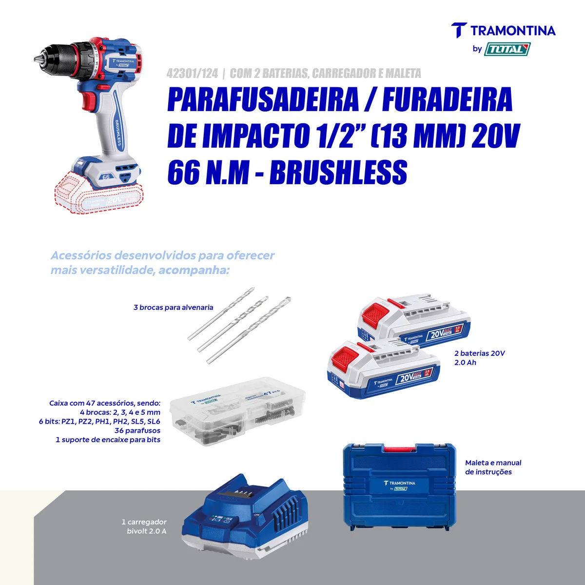 Parafusadeira/Furadeira de Impacto 1/2" (13mm) 20V 66 N.m Brushless Tramontina by Total - Com 2 Baterias 20V de 2,0Ah, Carregador e Maleta