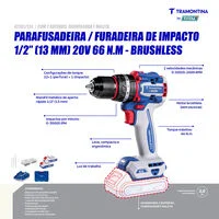 Parafusadeira/Furadeira de Impacto 1/2" (13mm) 20V 66 N.m Brushless Tramontina by Total - Com 2 Baterias 20V de 2,0Ah, Carregador e Maleta