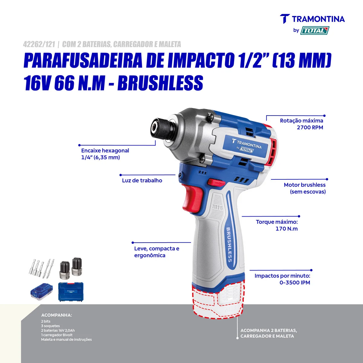 Parafusadeira de Impacto 1/4" (6,35 mm) 16V 170 N.m Brushless Tramontina by Total - Com 2 Baterias 16V de 2,0Ah, Carregador e Maleta