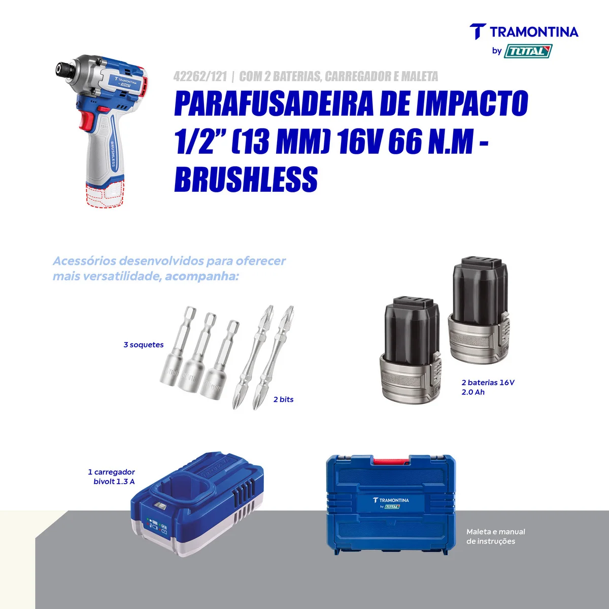 Parafusadeira de Impacto 1/4" (6,35 mm) 16V 170 N.m Brushless Tramontina by Total - Com 2 Baterias 16V de 2,0Ah, Carregador e Maleta