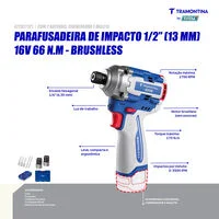 Parafusadeira de Impacto 1/4" (6,35 mm) 16V 170 N.m Brushless Tramontina by Total - Com 2 Baterias 16V de 2,0Ah, Carregador e Maleta