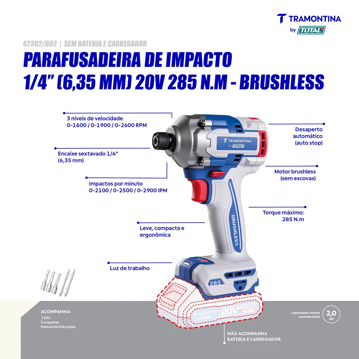 Parafusadeira de Impacto 1/4" (6,35 mm) 20V 285 N.m Brushless Tramontina by Total - Sem Bateria e Carregador