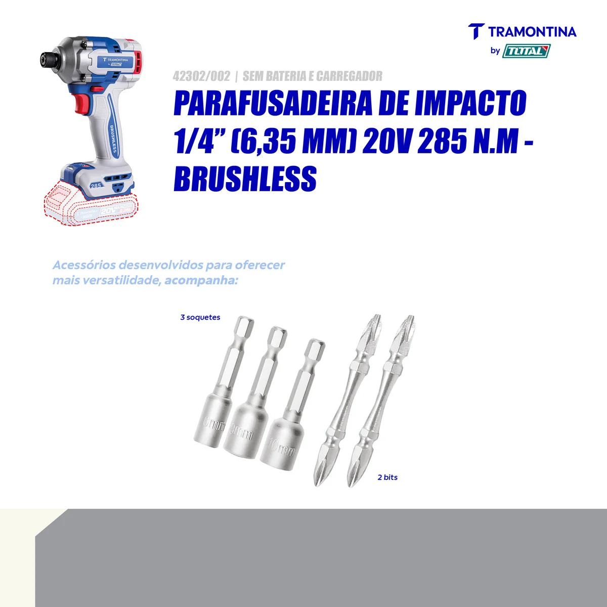 Parafusadeira de Impacto 1/4" (6,35 mm) 20V 285 N.m Brushless Tramontina by Total - Sem Bateria e Carregador