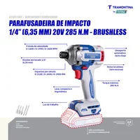 Parafusadeira de Impacto 1/4" (6,35 mm) 20V 285 N.m Brushless Tramontina by Total - Sem Bateria e Carregador