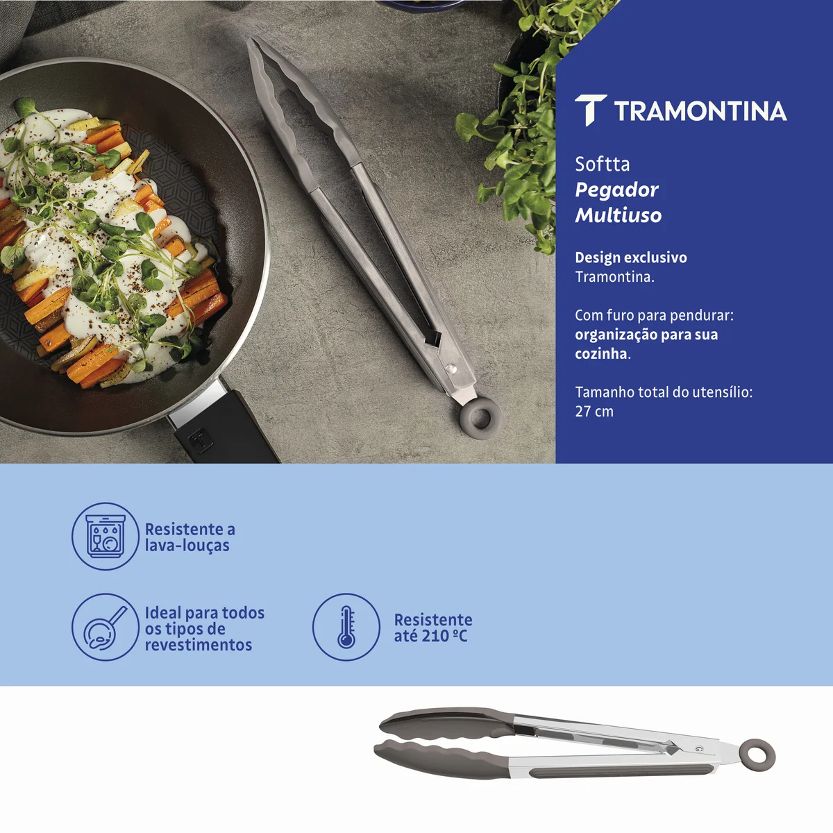 Pegador Multiuso Tramontina Softta Cinza em Silicone 27 cm