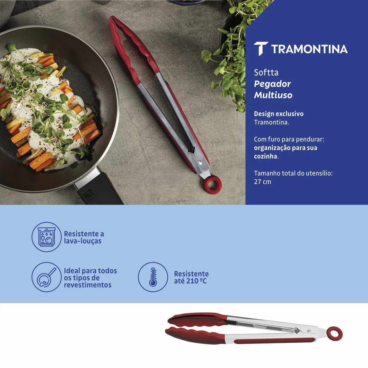 Pegador Multiuso Tramontina Softta de Silicone Vermelho 27 cm