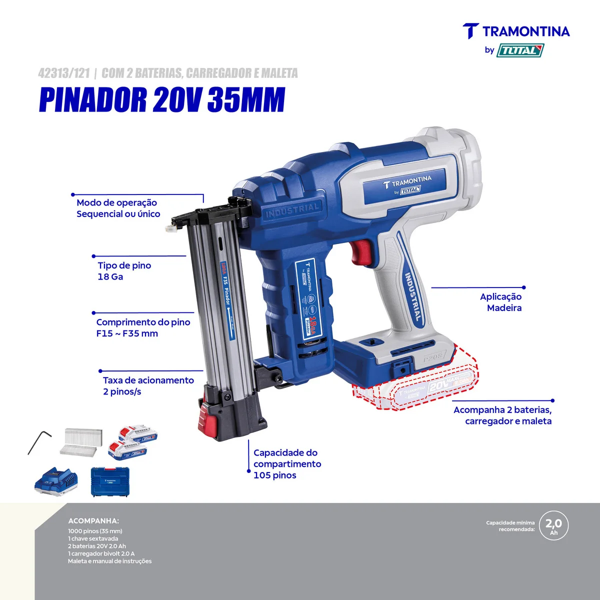 Pinador 20V 35 mm Tramontina by Total - Com 2 Baterias 20V de 2,0Ah, Carregador e Maleta
