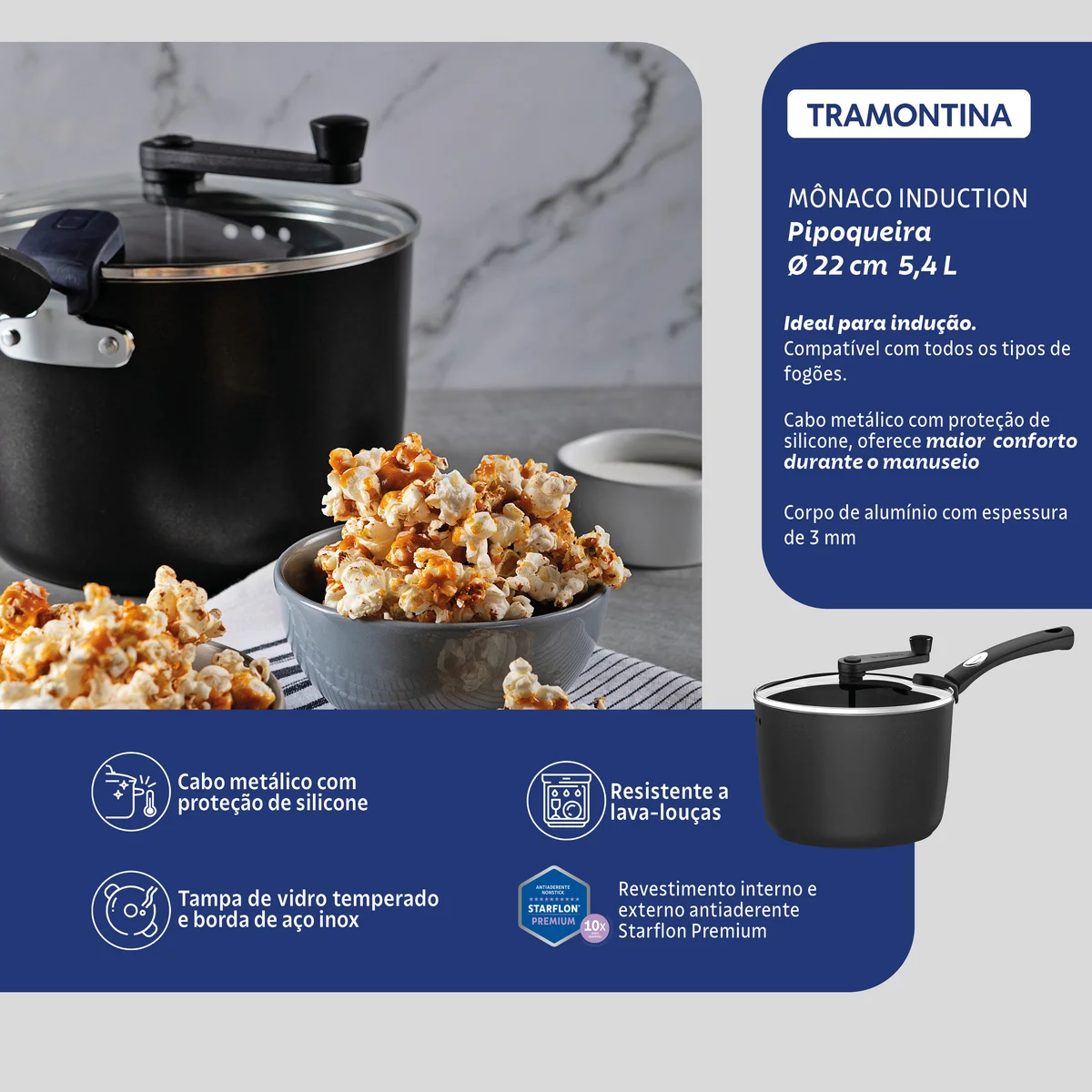 Pipoqueira Tramontina Mônaco Induction em Alumínio com Revestimento Interno e Externo Antiaderente Starflon Premium Preto 22 cm 5,4 L