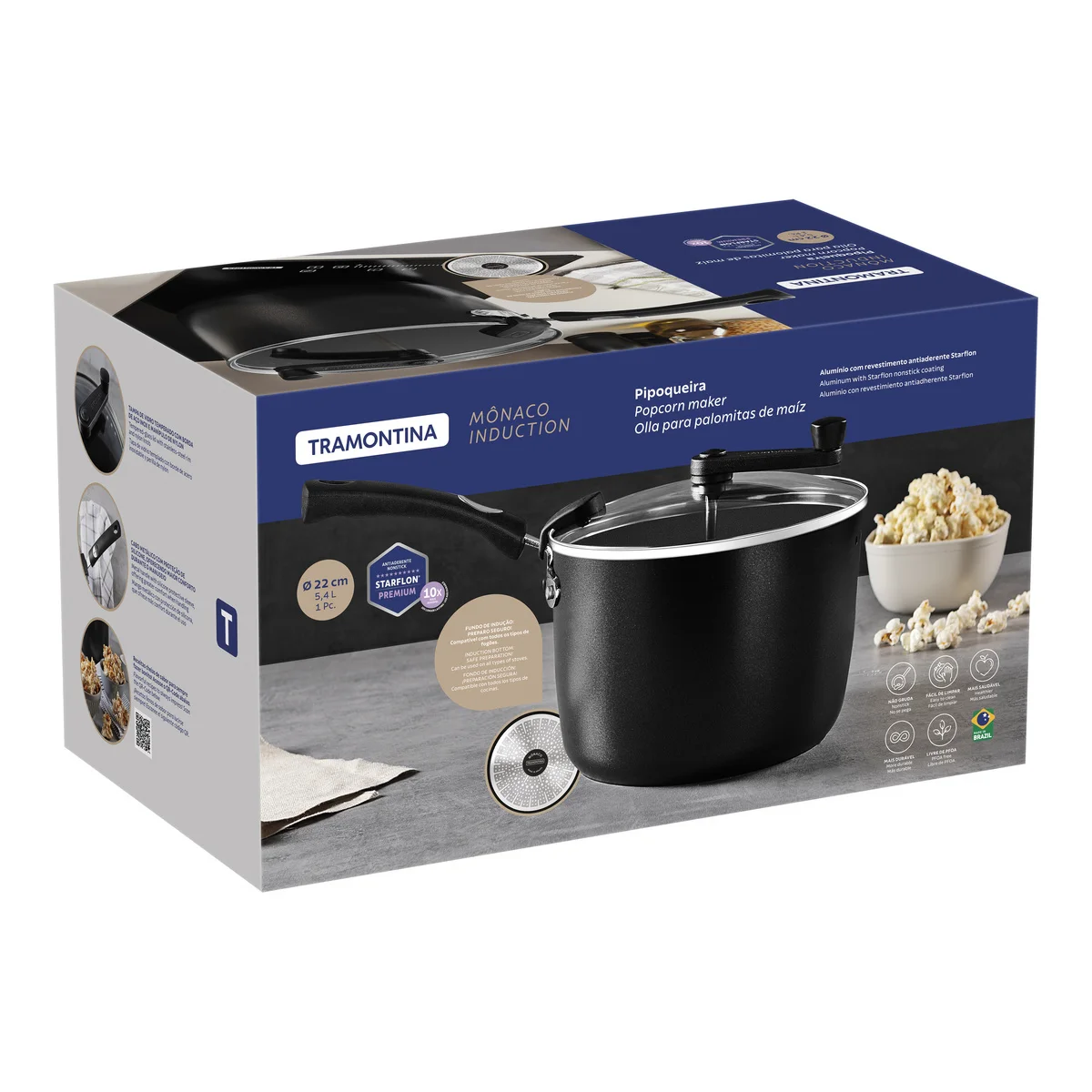 Pipoqueira Tramontina Mônaco Induction em Alumínio com Revestimento Interno e Externo Antiaderente Starflon Premium Preto 22 cm 5,4 L