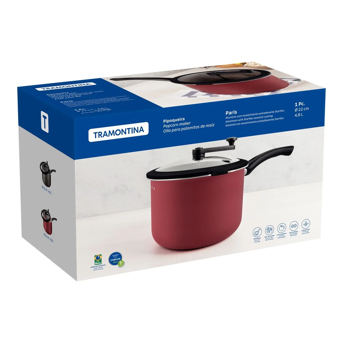 Pipoqueira Tramontina Paris em Alumínio com Revestimento Interno e Externo em Antiaderente Starflon Max Vermelho com Tampa de Vidro 22 cm 4,8 L