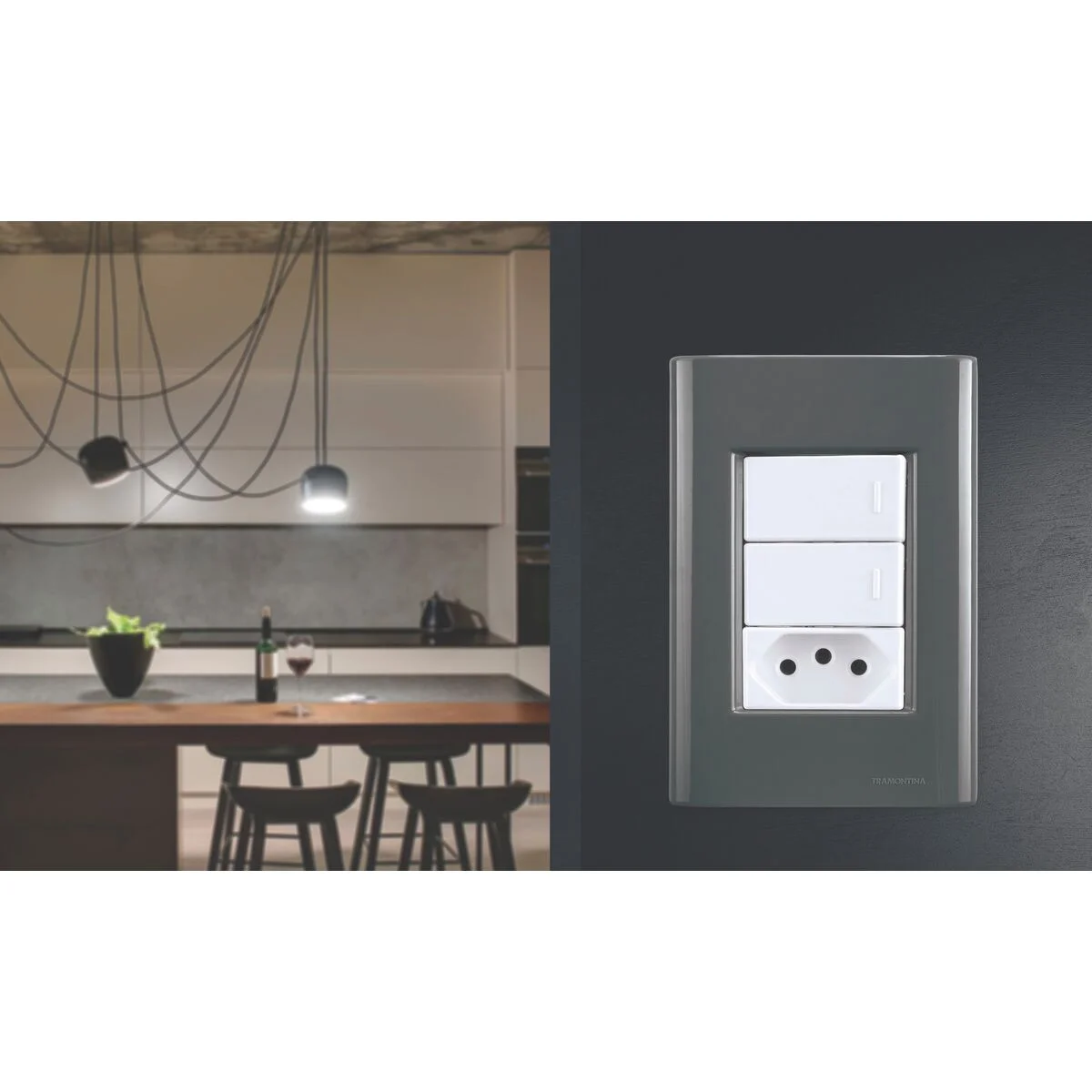 Placa 3 Postos 4x2 Tramontina Giz Grafite com Suporte