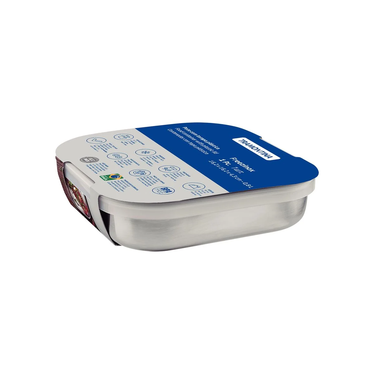 Pote Quadrado Tramontina Freezinox em Aço Inox com Tampa Plástica 16 cm 0,8 L