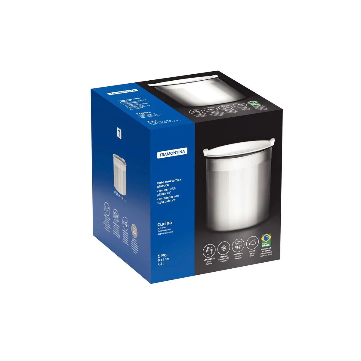 Pote Tramontina Cucina em Aço Inox para Mantimentos com Tampa Plástica 14 cm 2,3 L