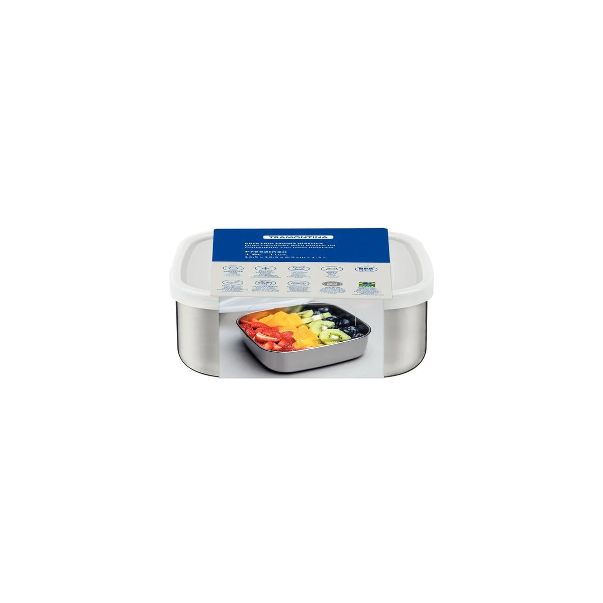 Pote Tramontina Freezinox em Aço Inox Quadrado com Tampa Plástica 16 cm 1,2 L