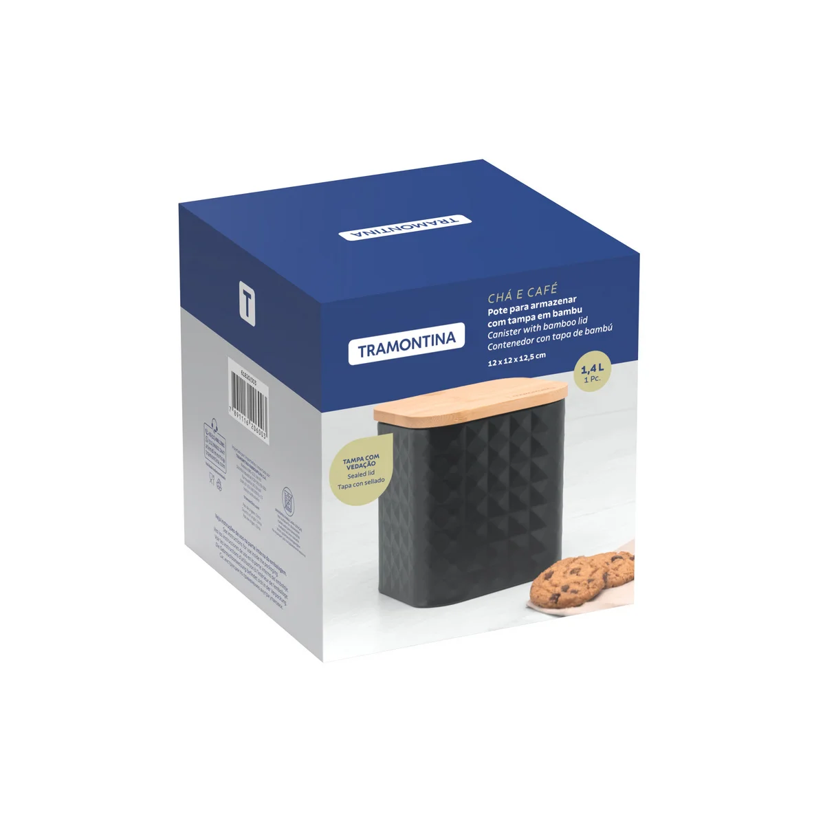 Pote Tramontina para Armazenar Alimentos em Aço Carbono com Tampa de Bambu 1,4 L