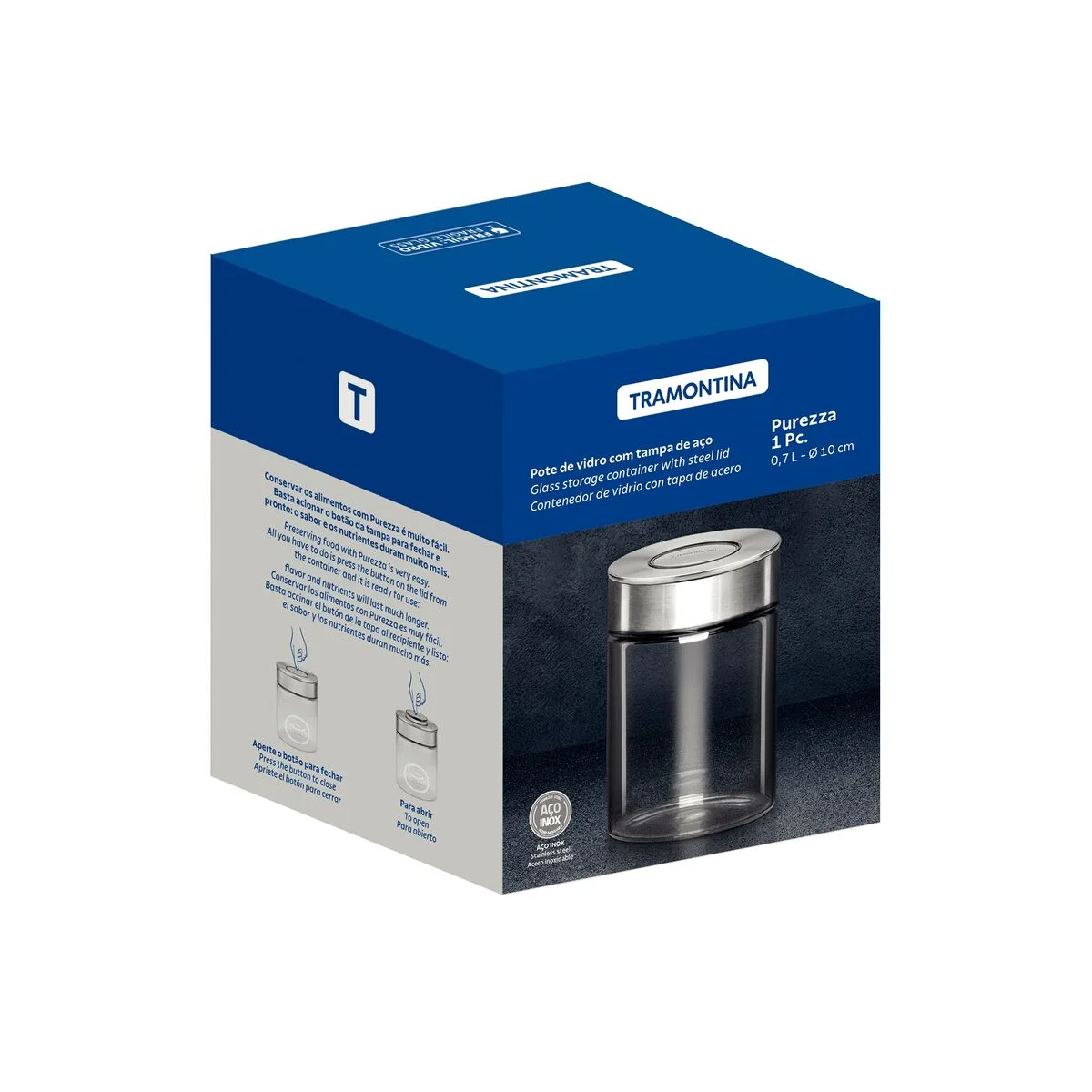 Pote de Vidro Tramontina Purezza com Tampa de Aço Inox 10 cm 0,7 L