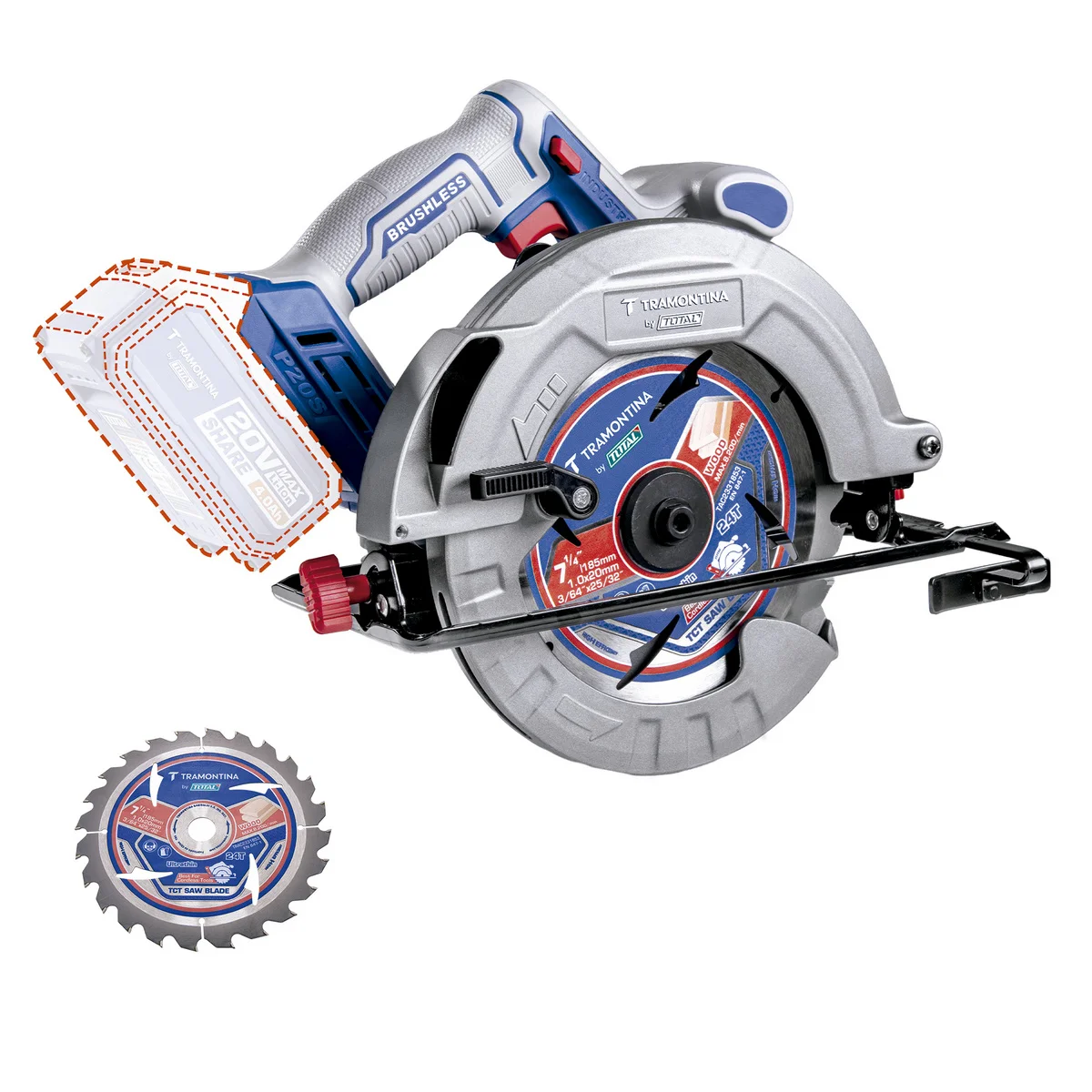 Serra Circular 20V 7-1/4" (185 mm) 0-4800 rpm Brushless Tramontina by Total - Sem Bateria e Carregador