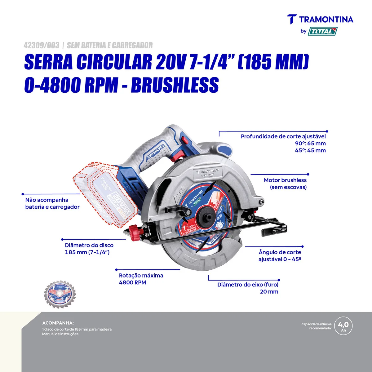 Serra Circular 20V 7-1/4" (185 mm) 0-4800 rpm Brushless Tramontina by Total - Sem Bateria e Carregador
