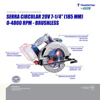Serra Circular 20V 7-1/4" (185 mm) 0-4800 rpm Brushless Tramontina by Total - Sem Bateria e Carregador