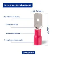 Terminais de Conexão Fast Macho Tramontina em cobre estanhado e nylon 1,5 mm² x 0,8 x 6,35 mm Vermelho 100 Peças