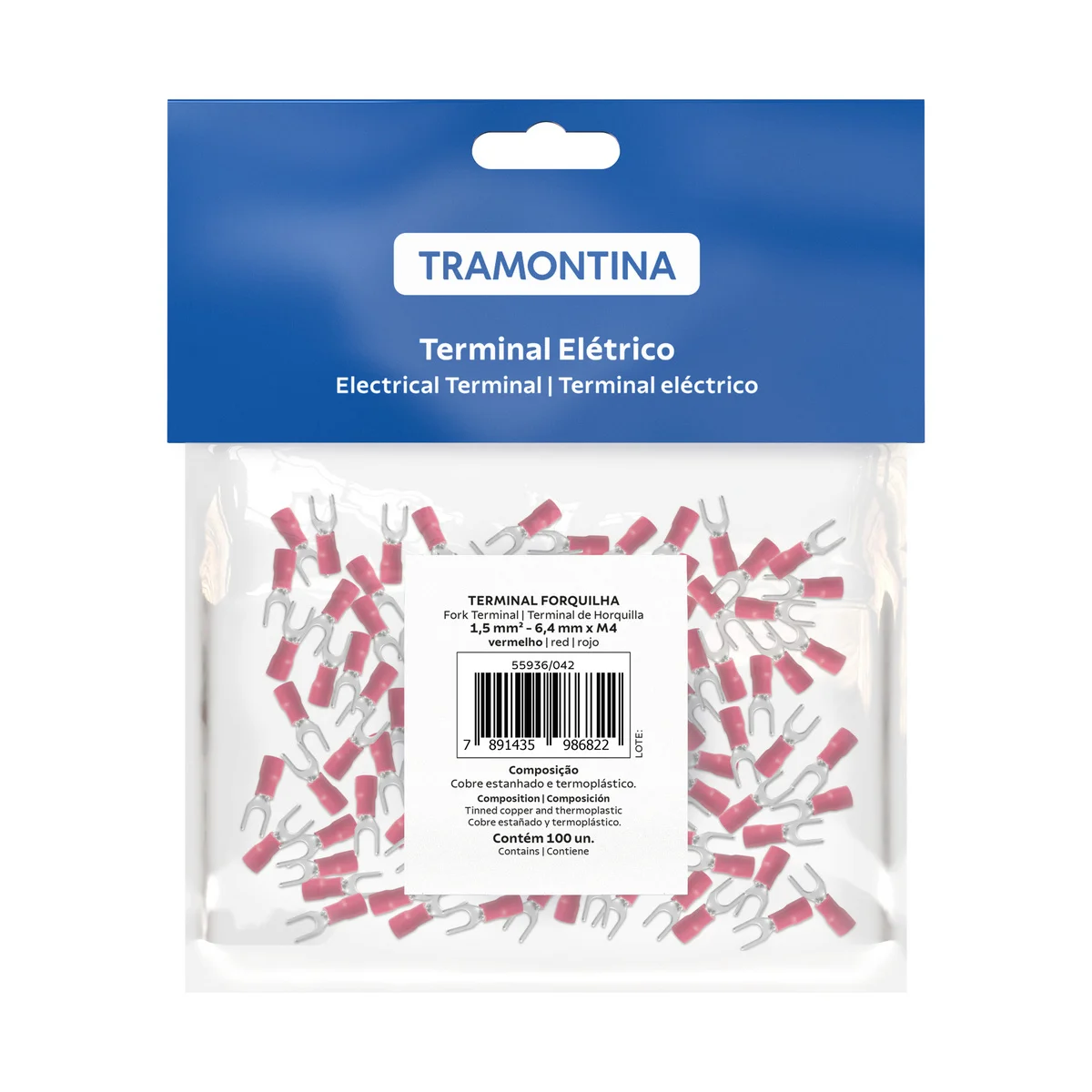 Terminais de Conexão Forquilha Tramontina em cobre estanhado e nylon 1,5 mm² x 6,4 mm x M4 Vermelho 100 Peças