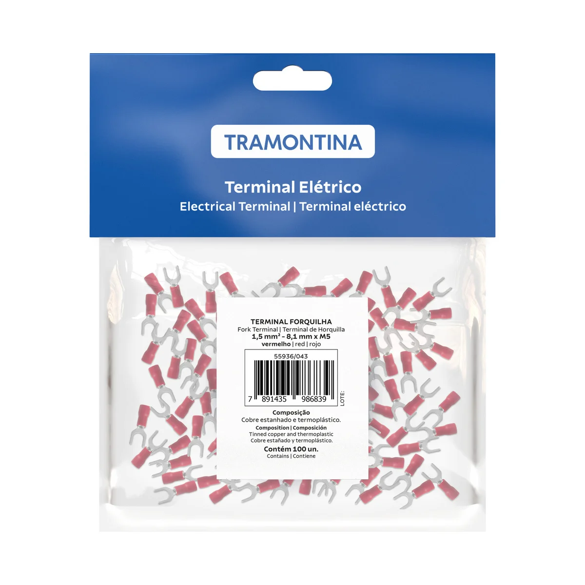 Terminais de Conexão Forquilha Tramontina em cobre estanhado e nylon 1,5 mm² x 8,1 mm x M5 Vermelho 100 Peças