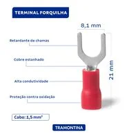 Terminais de Conexão Forquilha Tramontina em cobre estanhado e nylon 1,5 mm² x 8,1 mm x M5 Vermelho 100 Peças