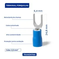 Terminais de Conexão Forquilha Tramontina em cobre estanhado e nylon 2,5 mm² x 6,4 mm x M4 Azul 100 Peças