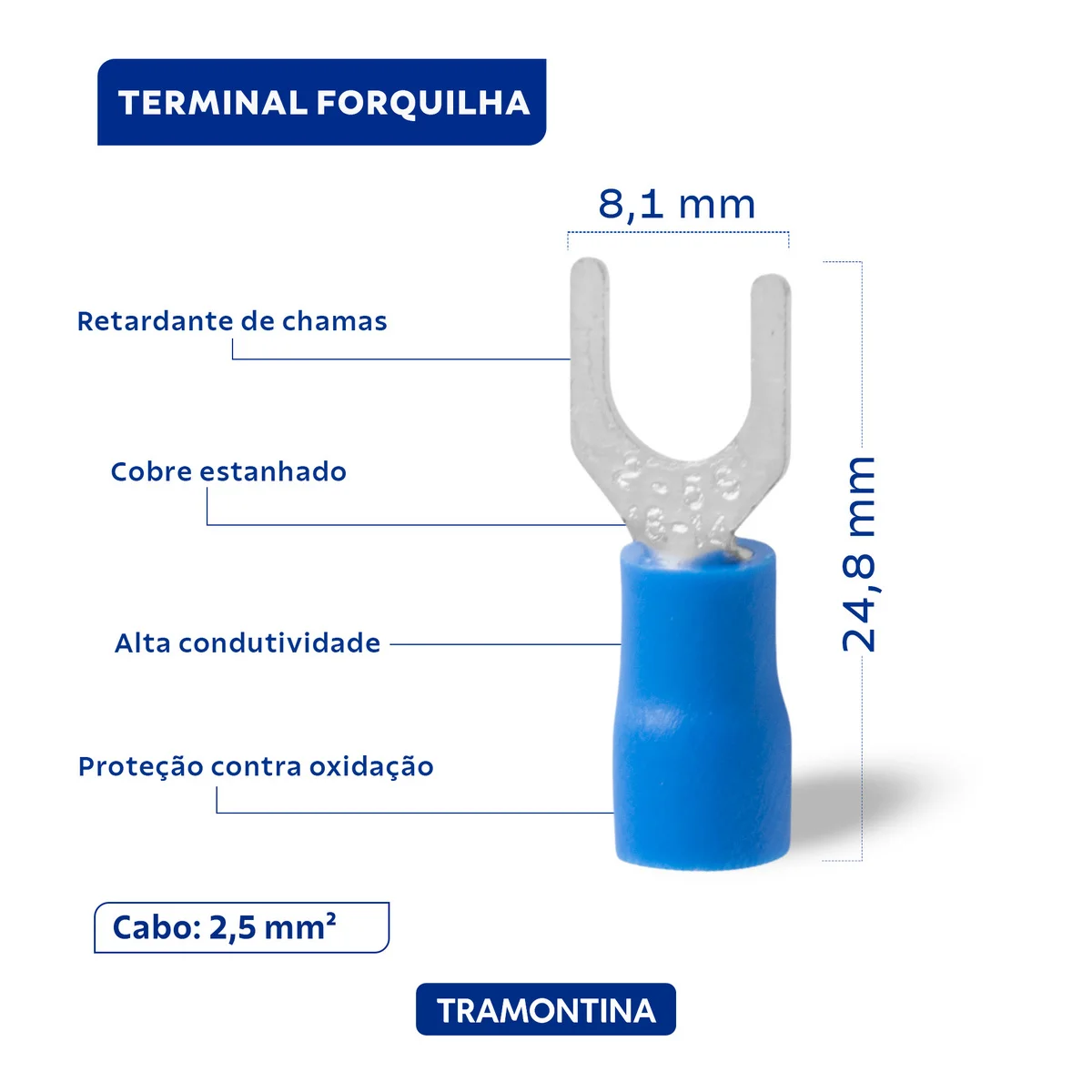 Terminais de Conexão Forquilha Tramontina em cobre estanhado e nylon 2,5 mm² x 8,1 mm x M5 Azul 100 Peças
