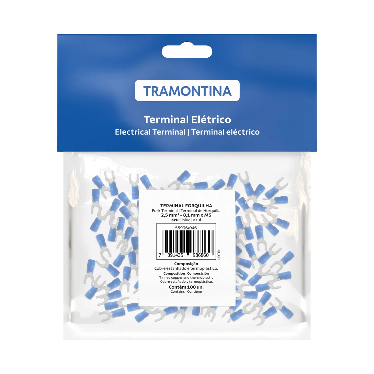 Terminais de Conexão Forquilha Tramontina em cobre estanhado e nylon 2,5 mm² x 8,1 mm x M5 Azul 100 Peças