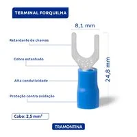 Terminais de Conexão Forquilha Tramontina em cobre estanhado e nylon 2,5 mm² x 8,1 mm x M5 Azul 100 Peças