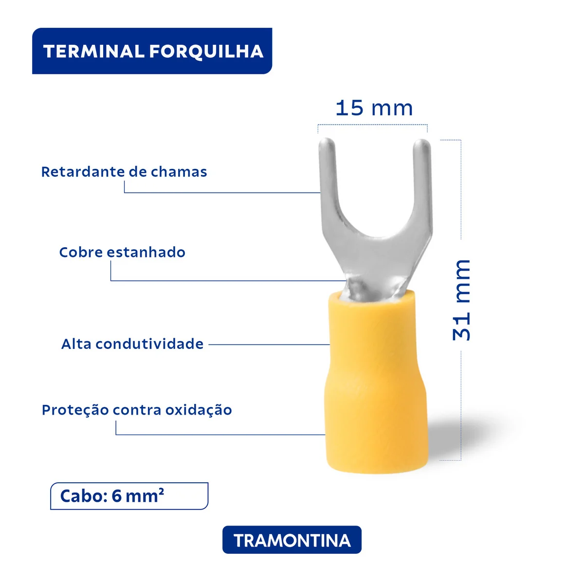 Terminais de Conexão Forquilha Tramontina em cobre estanhado e nylon 6 mm² x 15 mm x M6 Amarelo 25 Peças