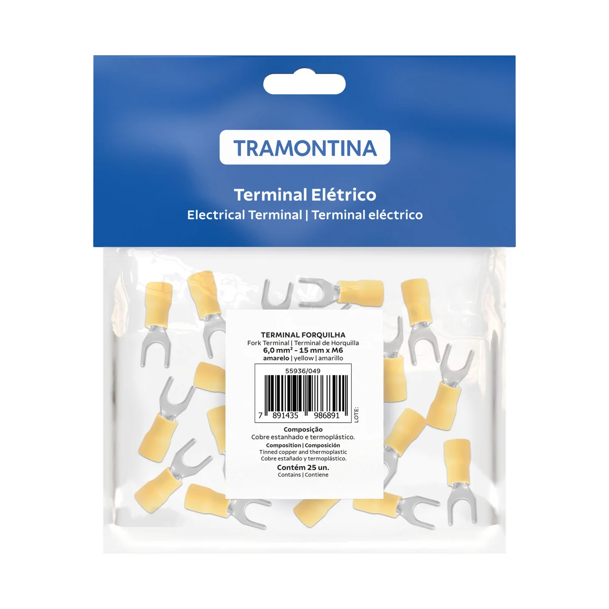 Terminais de Conexão Forquilha Tramontina em cobre estanhado e nylon 6 mm² x 15 mm x M6 Amarelo 25 Peças