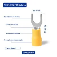 Terminais de Conexão Forquilha Tramontina em cobre estanhado e nylon 6 mm² x 15 mm x M6 Amarelo 25 Peças