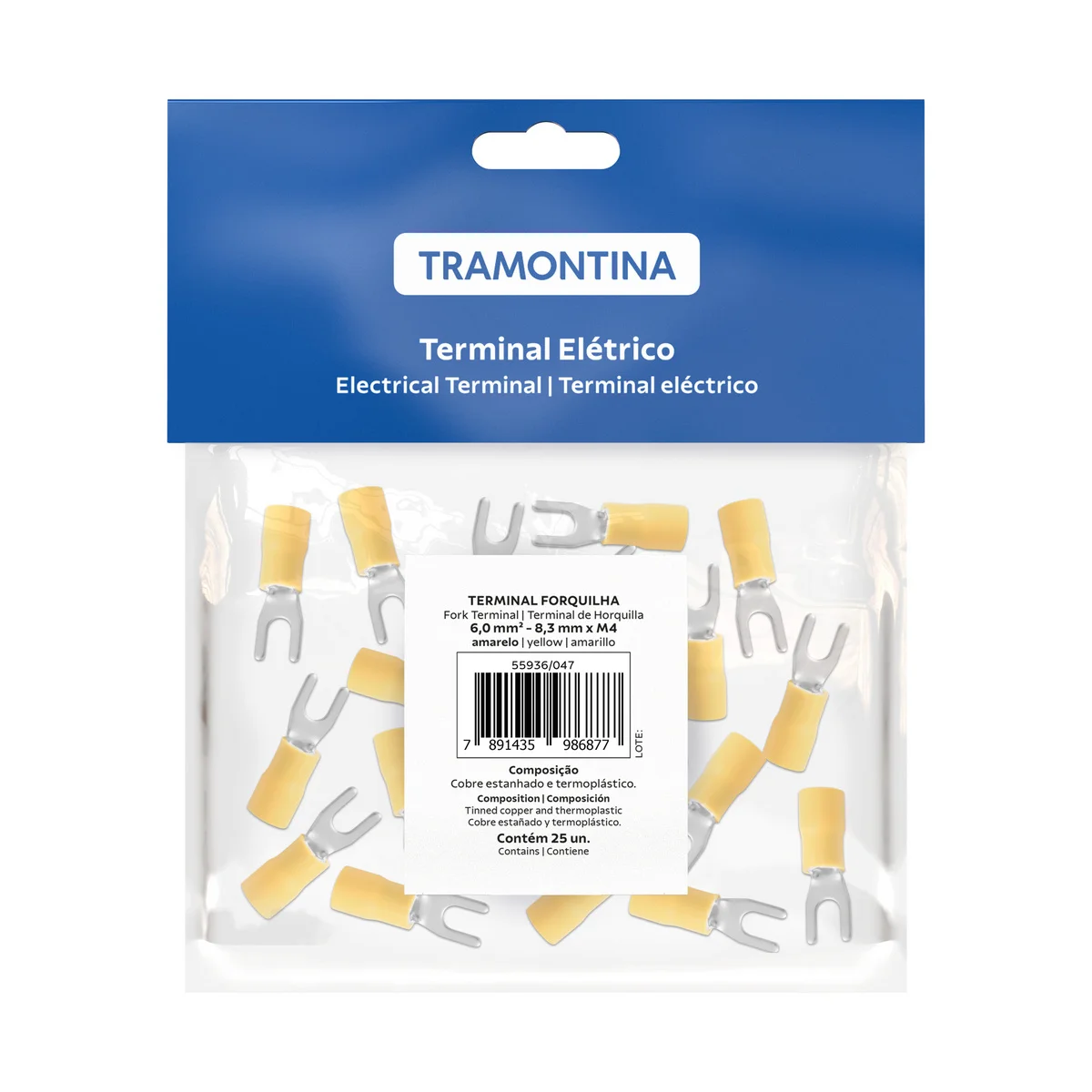 Terminais de Conexão Forquilha Tramontina em cobre estanhado e nylon 6 mm² x 8,3 mm x M4 Amarelo 25 Peças