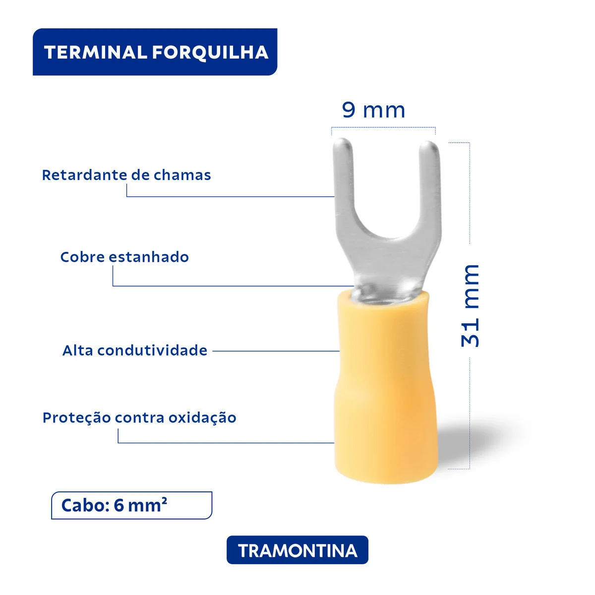 Terminais de Conexão Forquilha Tramontina em cobre estanhado e nylon 6 mm² x 9 mm x M5 Amarelo 25 Peças